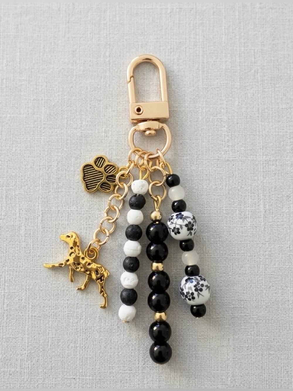 Gold-Tone Dalmatian Dog & Paw Print Beaded Bag Charm Keychain